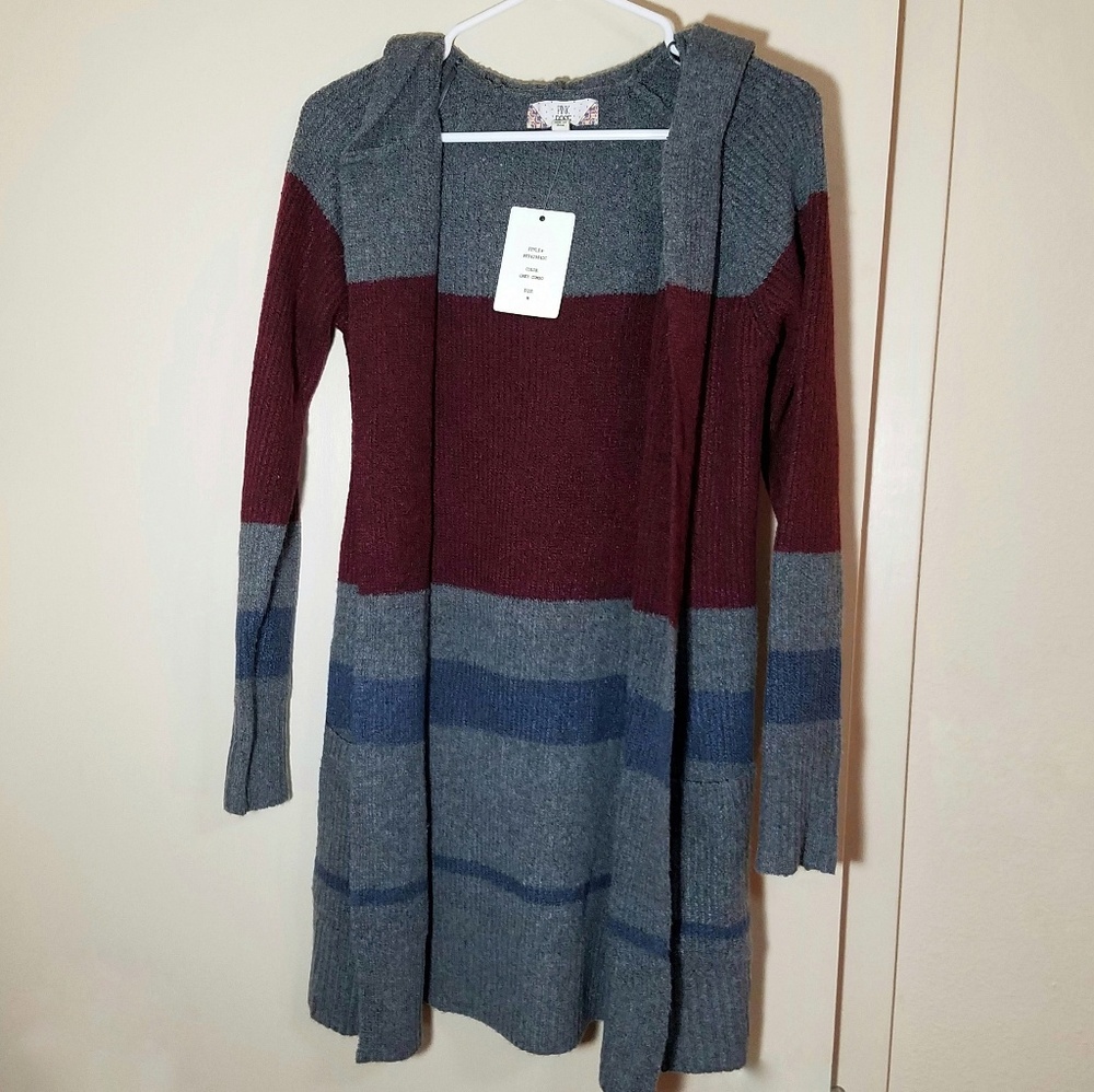 Pink Rose Hooded Long Cardigan Gray/Navy/Maroon